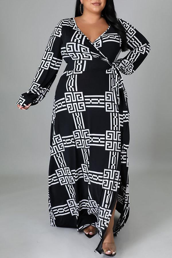 Fashion V-neck Printed Long Sleeved Plus Size Slit Maxi Dress Fashionpara