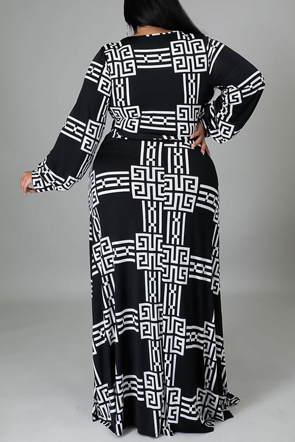 Fashion V-neck Printed Long Sleeved Plus Size Slit Maxi Dress Fashionpara