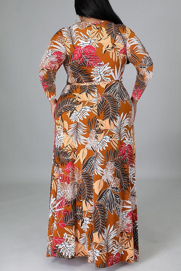 Fashion V-neck Printed Long Sleeved Plus Size Slit Maxi Dress Fashionpara