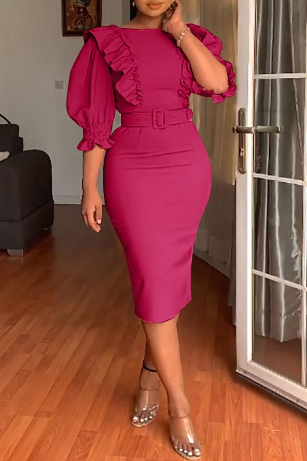 Elegant Half Sleeve Ruffled Slim Midi Dress Fashionpara