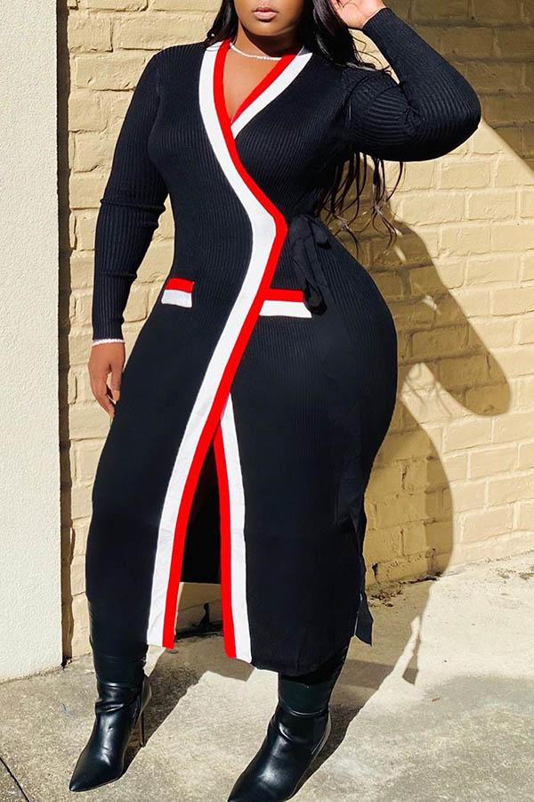 Fashion Color Stitching Long Sleeved Knitted Maxi Dress Fashionpara