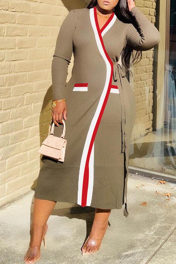 Fashion Color Stitching Long Sleeved Knitted Maxi Dress Fashionpara