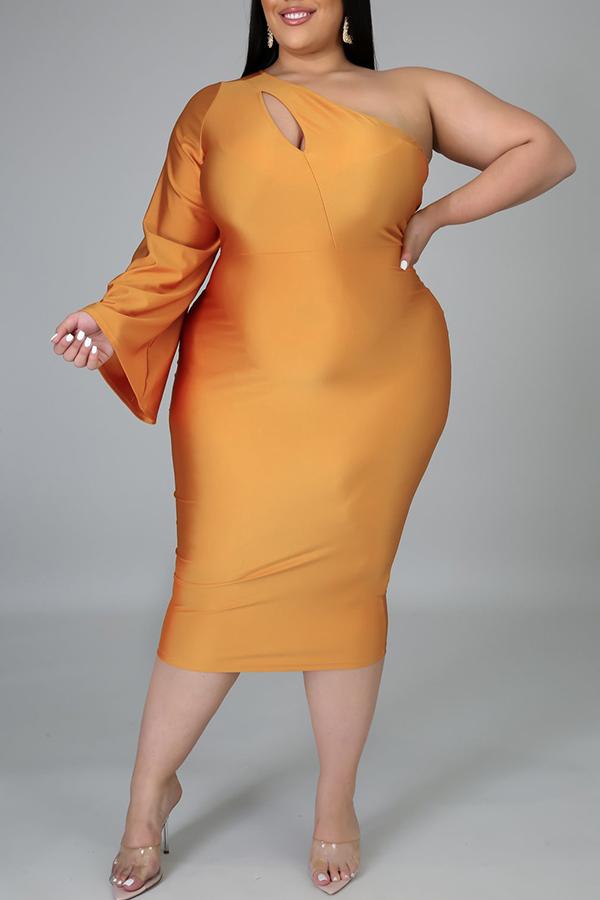 Fashion Plus Size One Shoulder Hollow Flared Sleeve Midi Dress Fashionpara