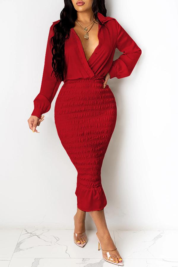 Sexy V-neck Single Breasted Pleated Maxi Dress Fashionpara