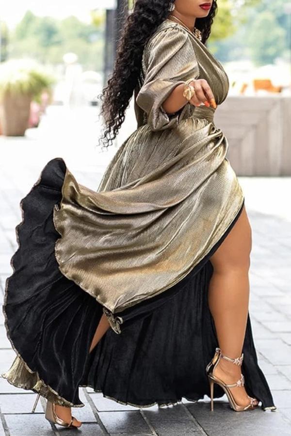 Elegant Shiny Pleated V-neck Half Sleeve Maxi Dress Fashionpara