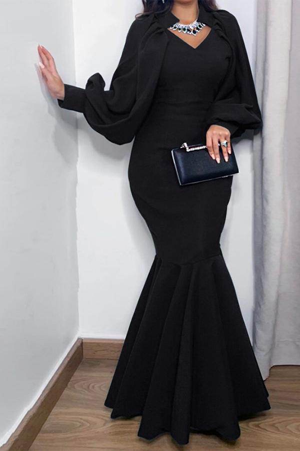 Elegant Puff Sleeve Solid Color Fishtail Maxi Dress Fashionpara