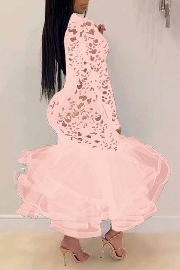 Sexy Slim Fit Lace Stitching Ruffled Mermaid Maxi Dress Fashionpara