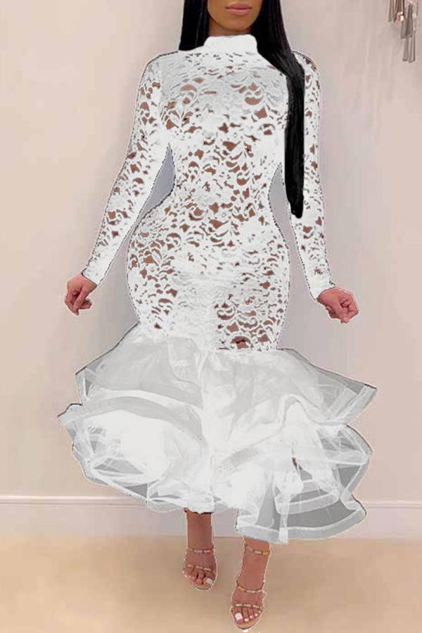 Sexy Slim Fit Lace Stitching Ruffled Mermaid Maxi Dress Fashionpara