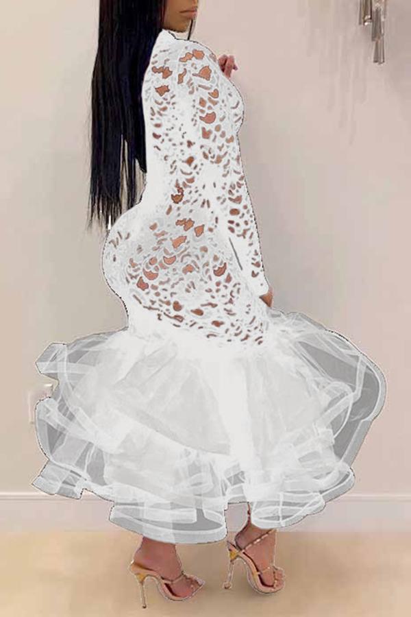 Sexy Slim Fit Lace Stitching Ruffled Mermaid Maxi Dress Fashionpara