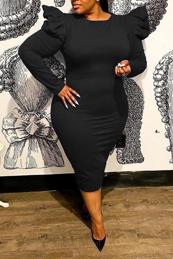 Temperament Pleated Sleeves Solid Color Plus Size Midi Dress Fashionpara