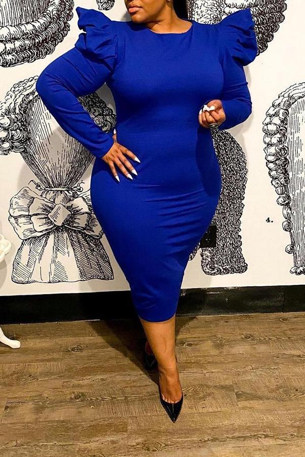 Temperament Pleated Sleeves Solid Color Plus Size Midi Dress Fashionpara