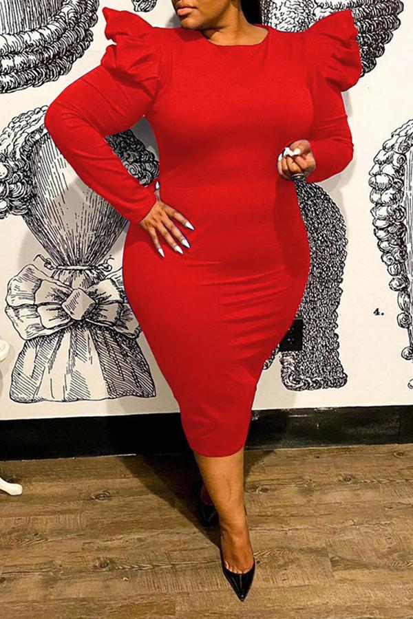 Temperament Pleated Sleeves Solid Color Plus Size Midi Dress Fashionpara