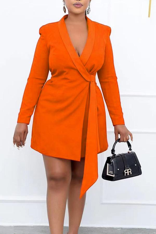 Elegant Solid Color Lapel Slim Long Sleeve Mini Dress Fashionpara
