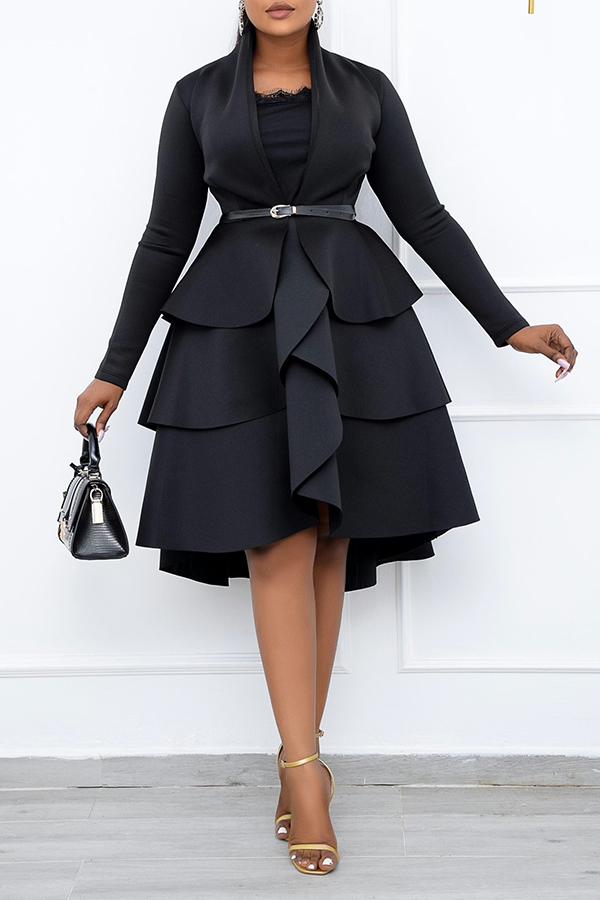 Elegant Solid Color Long Sleeved Ruffled Plus Size Midi Dress Fashionpara