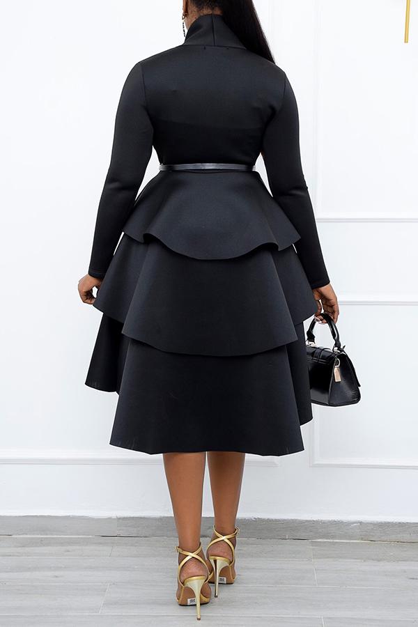 Elegant Solid Color Long Sleeved Ruffled Plus Size Midi Dress Fashionpara