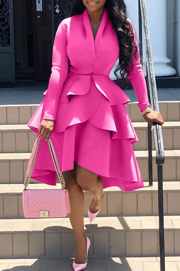 Elegant Solid Color Long Sleeved Ruffled Plus Size Midi Dress Fashionpara