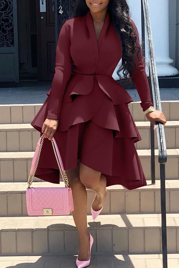 Elegant Solid Color Long Sleeved Ruffled Plus Size Midi Dress Fashionpara