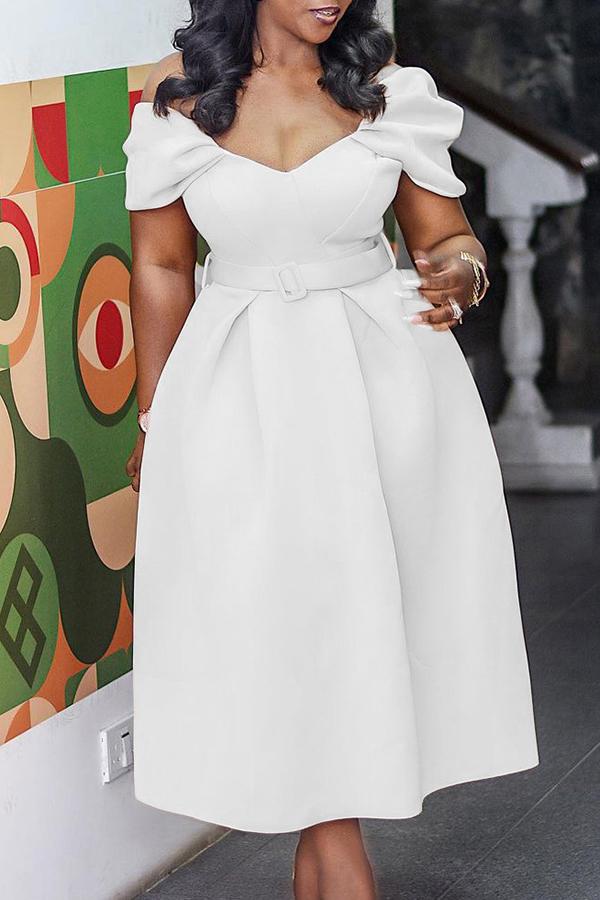 Fashion V-neck Pleated Sleeve Belt Maxi Dress Fashionpara