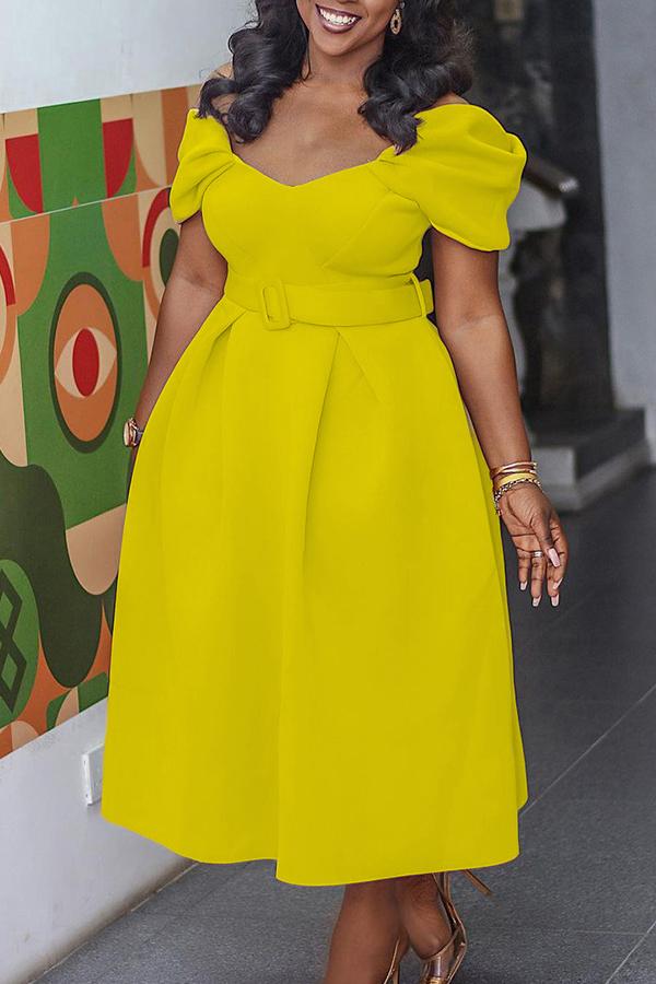 Fashion V-neck Pleated Sleeve Belt Maxi Dress Fashionpara