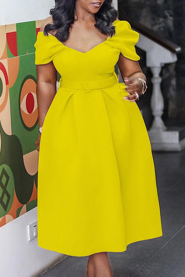 Fashion V-neck Pleated Sleeve Belt Maxi Dress Fashionpara