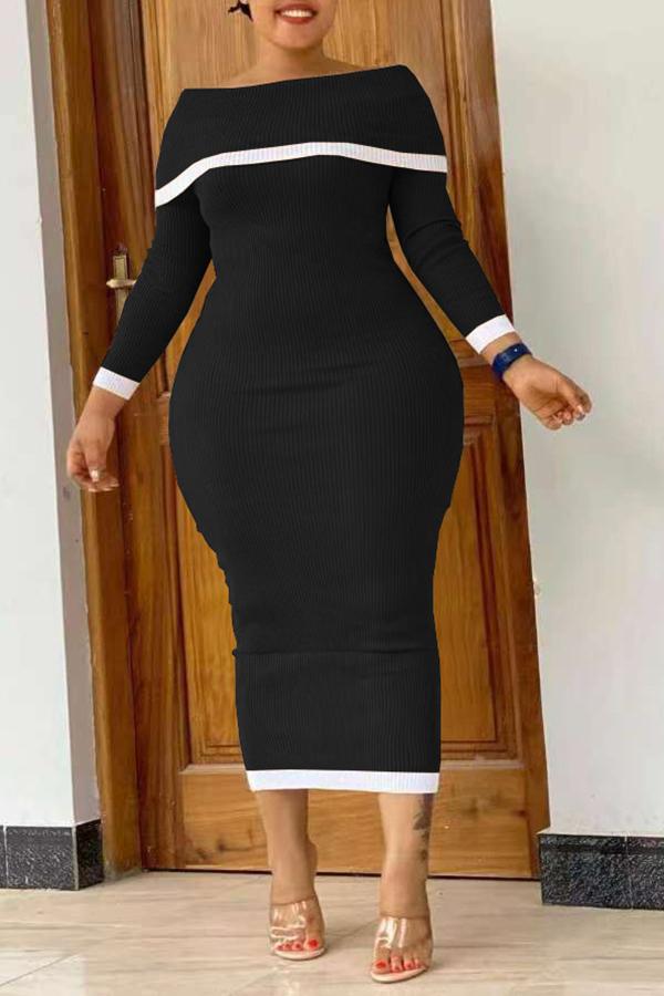 Slim Off Shoulder Long Sleeved Stitching Plus Size Midi Dress Fashionpara