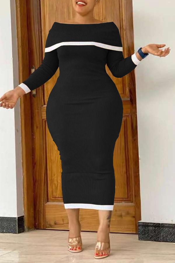 Slim Off Shoulder Long Sleeved Stitching Plus Size Midi Dress Fashionpara