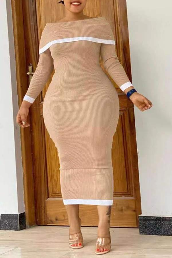 Slim Off Shoulder Long Sleeved Stitching Plus Size Midi Dress Fashionpara