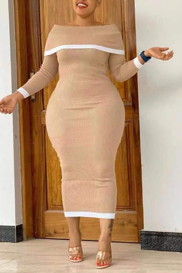 Slim Off Shoulder Long Sleeved Stitching Plus Size Midi Dress Fashionpara