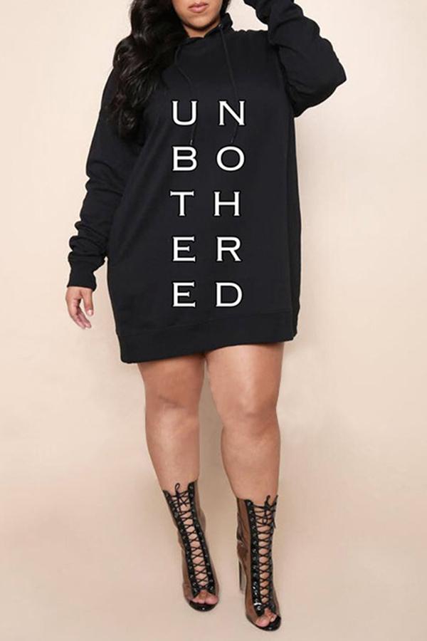 Casual Loose Letter Print Plus Size Hooded Mini Dress Fashionpara