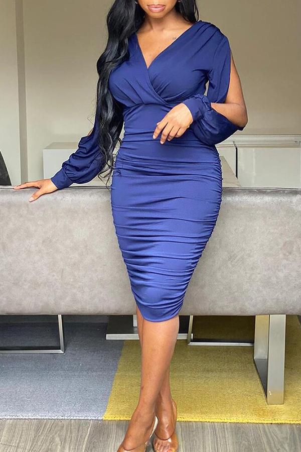 Sexy Solid Hollowed Out V Neck Midi Dress Fashionpara