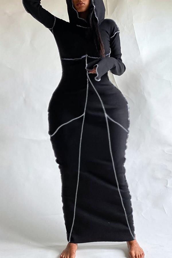Personalized Contrast Color Edging Hooded Maxi Dress Fashionpara