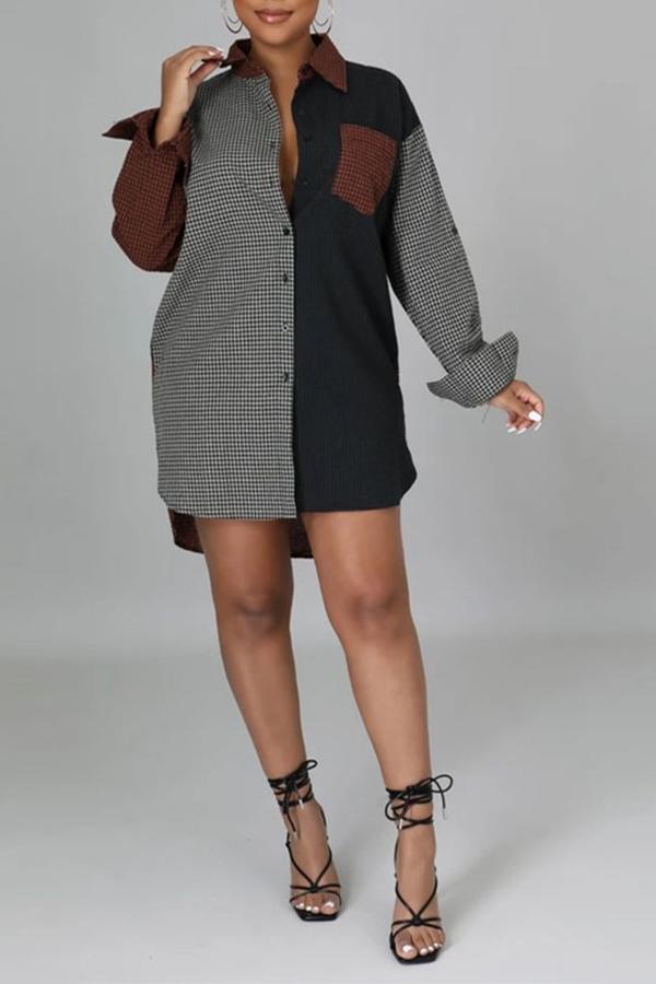 Personalized Contrast Color Plaid Stitching Loose Shirt Mini Dress Fashionpara