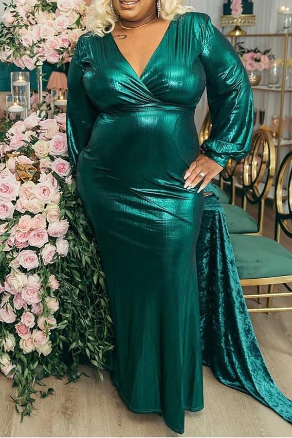 Luxury Bronzing Plus Size Long Sleeve V-neck Maxi Dress Fashionpara