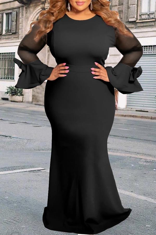 Elegant Mesh Stitching Flared Sleeve Bowknot Plus Size Maxi Dress Fashionpara