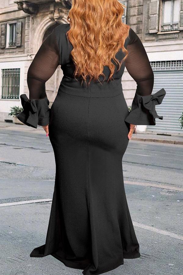 Elegant Mesh Stitching Flared Sleeve Bowknot Plus Size Maxi Dress Fashionpara
