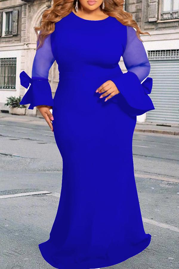 Elegant Mesh Stitching Flared Sleeve Bowknot Plus Size Maxi Dress Fashionpara