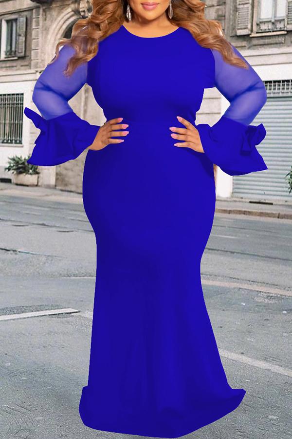 Elegant Mesh Stitching Flared Sleeve Bowknot Plus Size Maxi Dress Fashionpara