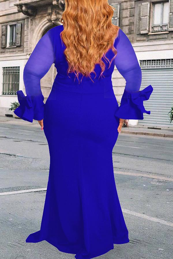 Elegant Mesh Stitching Flared Sleeve Bowknot Plus Size Maxi Dress Fashionpara