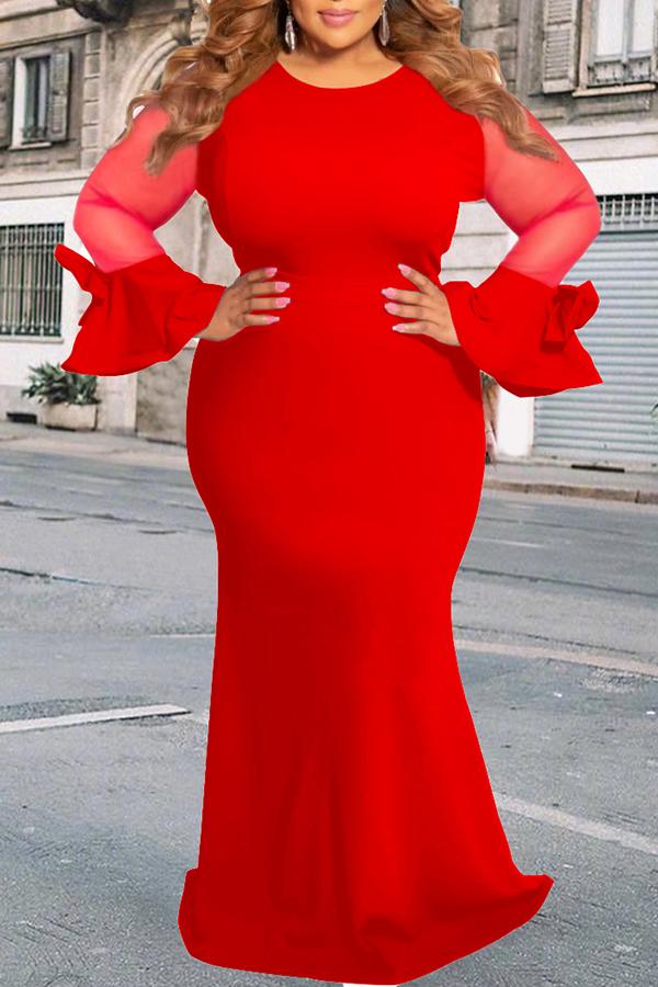 Elegant Mesh Stitching Flared Sleeve Bowknot Plus Size Maxi Dress Fashionpara