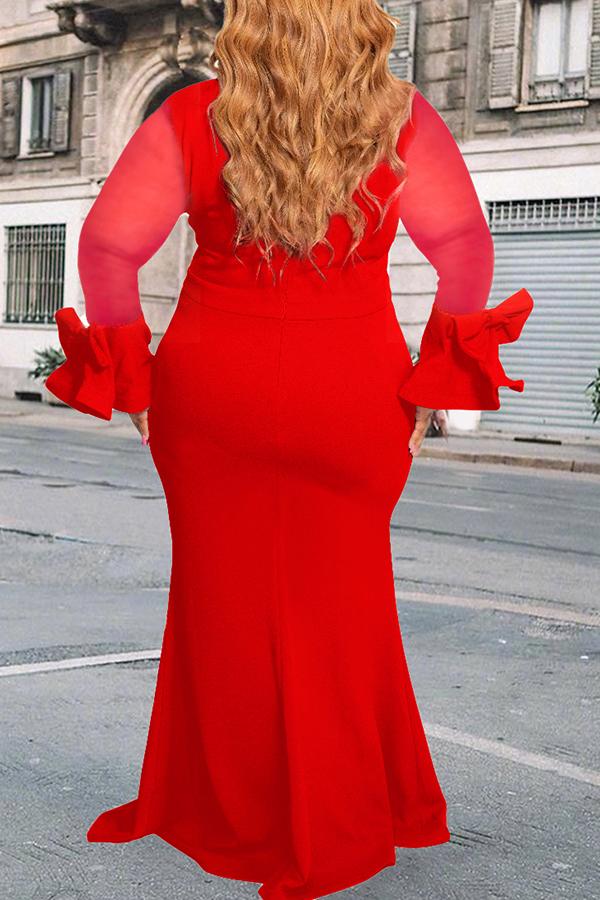 Elegant Mesh Stitching Flared Sleeve Bowknot Plus Size Maxi Dress Fashionpara