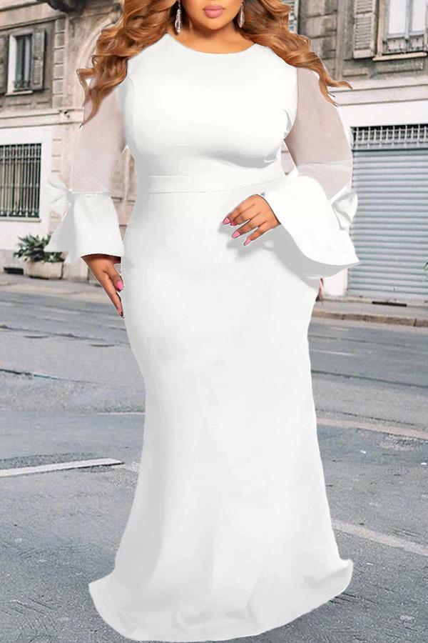 Elegant Mesh Stitching Flared Sleeve Bowknot Plus Size Maxi Dress Fashionpara