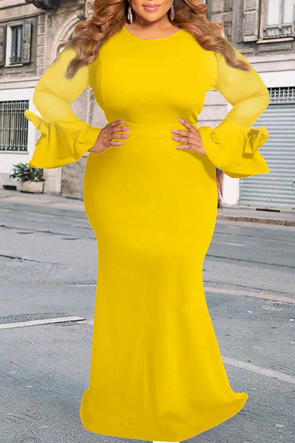 Elegant Mesh Stitching Flared Sleeve Bowknot Plus Size Maxi Dress Fashionpara