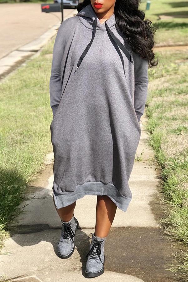 Loose Solid Color Drawstring Sports Hooded Midi Dress Fashionpara