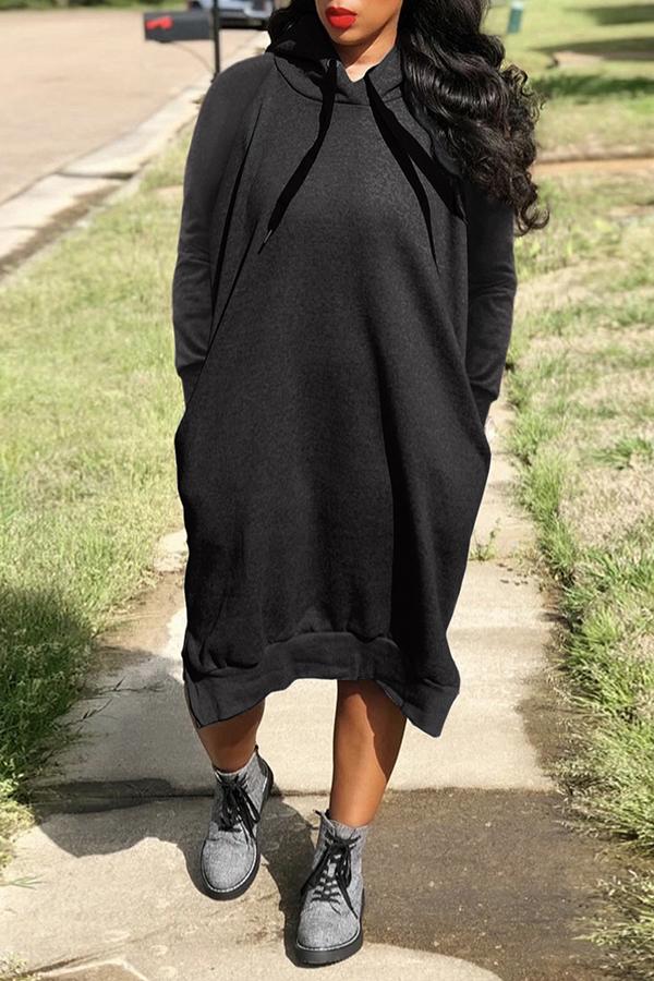 Loose Solid Color Drawstring Sports Hooded Midi Dress Fashionpara
