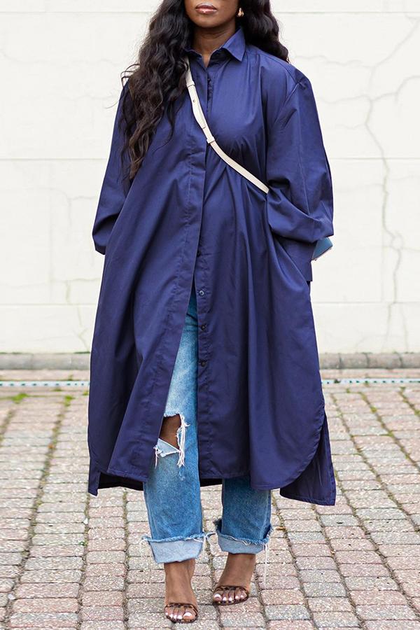 Basic Solid Color Slit Single Breasted Loose Shirt Midi Dress Fashionpara