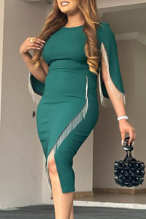 Elegant Round Neck Solid Color Split Fringe Midi Dresses  Fashionpara