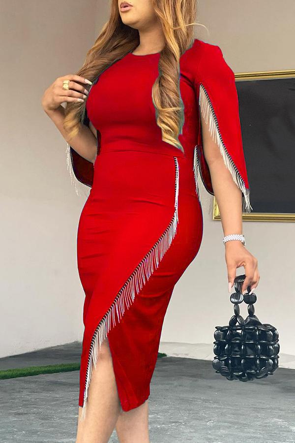 Elegant Round Neck Solid Color Split Fringe Midi Dresses Fashionpara