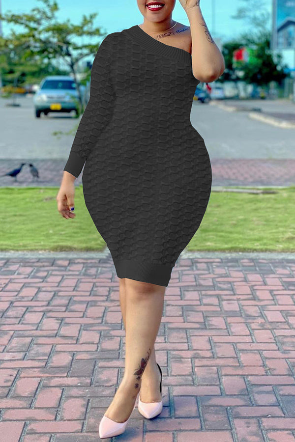 Sexy Solid Color One Shoulder Pineapple Grid Midi Dress Fashionpara