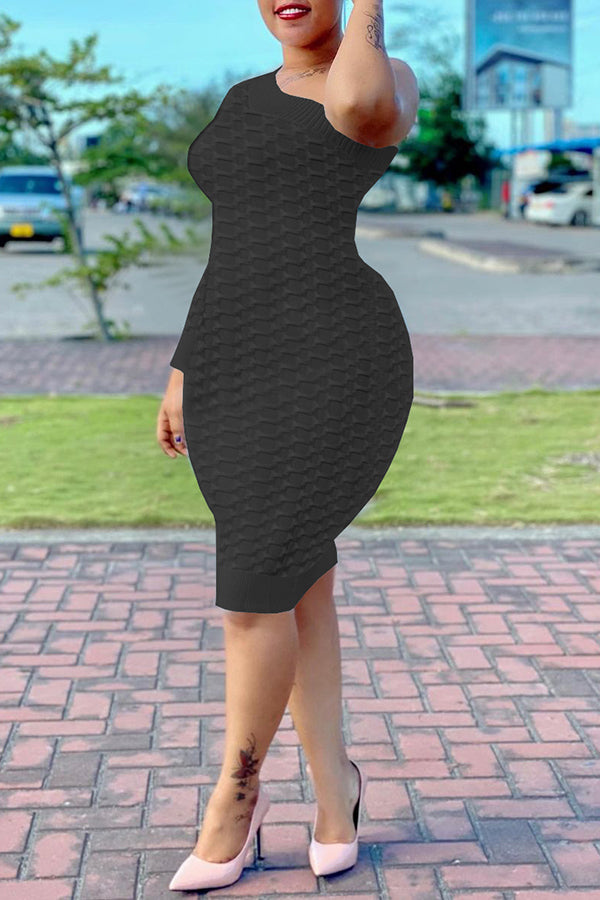 Sexy Solid Color One Shoulder Pineapple Grid Midi Dress Fashionpara