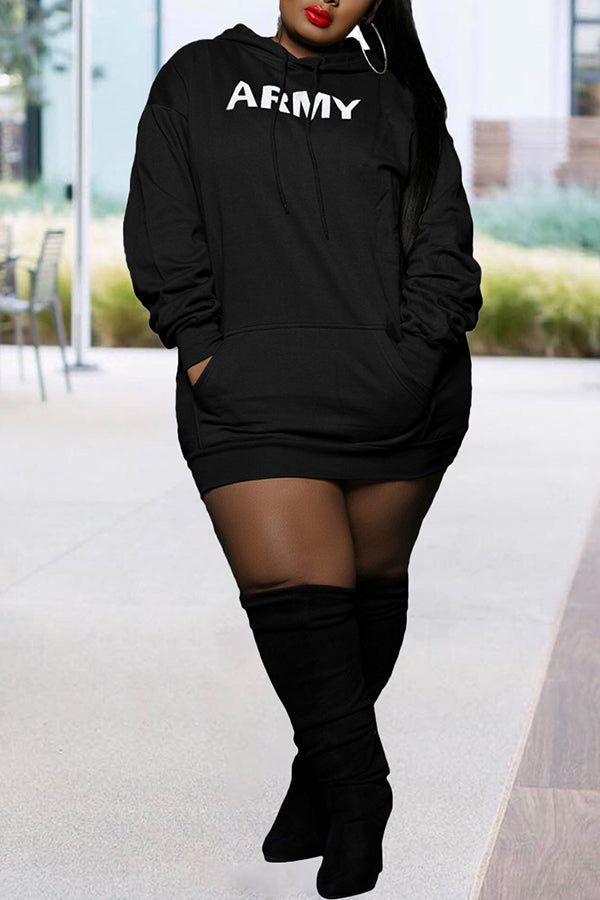 Loose Plus Size Letter Print Hooded Mini Dress Fashionpara